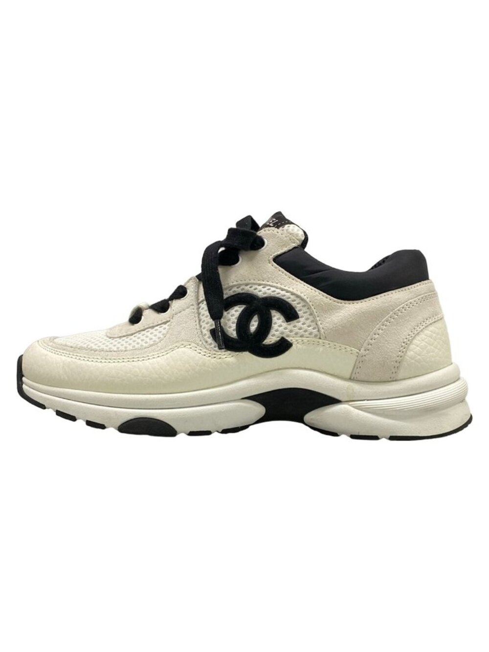 Chanel Sneakers 36.5 White Ivory Black CC Logo Cotton Leather - Picture 1 of 13